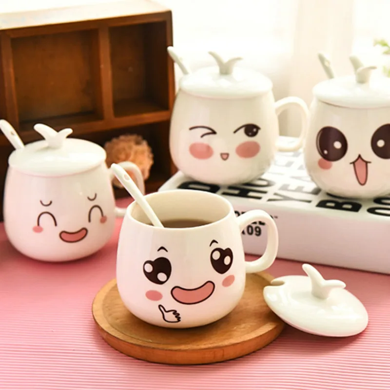 

Creative Cartoon Cute Expression Cup Ceramic Single Layer Milk Breakfast Cup Couple Coffee Cup Tea Cup with Lid Spoon Mug 300ml