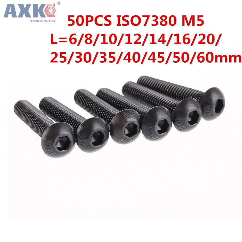 

AXK 50pcs M5 Alloy Steel ISO7380 Metric Thread Button Head Hex Socket Cap Screws Round Bolts Grade 10.9 M5*6/8/10/12/16/../50mm