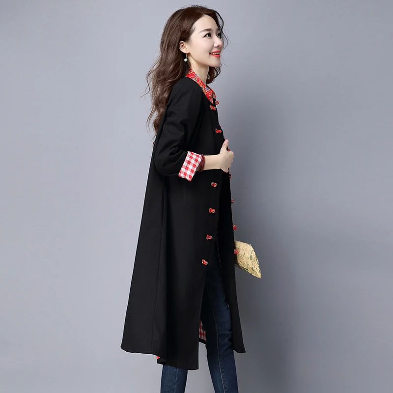 Trench coat women Autumn Ethnic Patchwork Print Trench Outerwear female casual Loose Chinese style Clothing WJ645