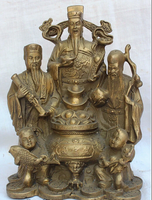 

China Chinese Brass Fortune Fu Lu Shou 3 honour immortal God Fu Boy Girl Statue R0711