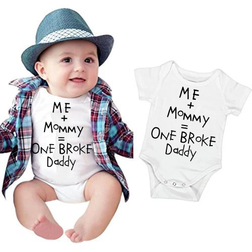 

Newborn Onesie Short Sleeves Tiny Cottons Baby Bodysuits Me+Mommy=One Broke Daddy Letter Print White Onesie Funny Baby Clothes