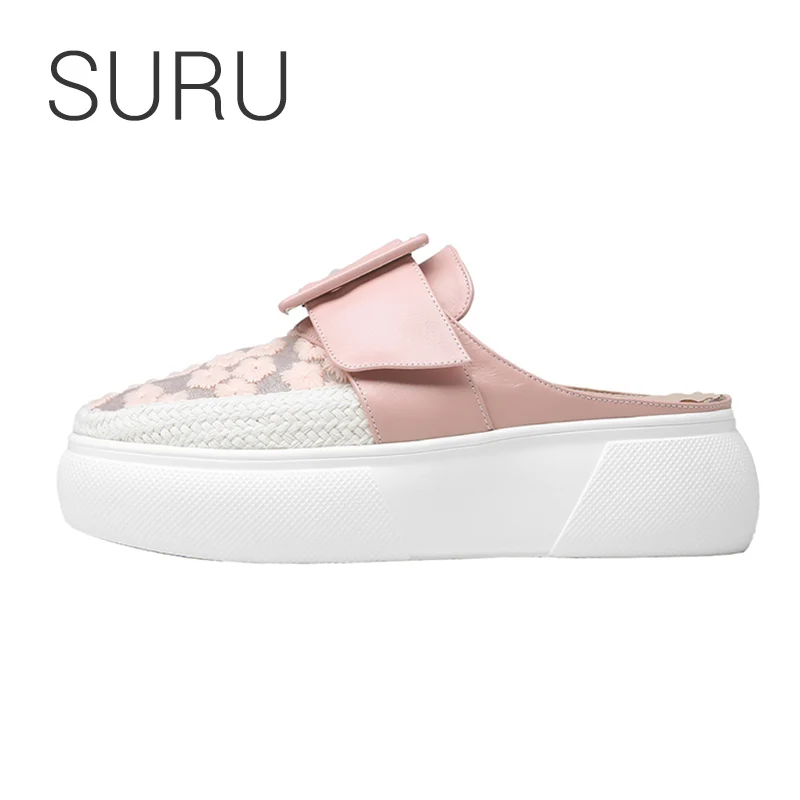 

SURU Ladies Leather Embroidered Strap Mules Shoes Women Platform Slippers White or Pink plus size 32- 42
