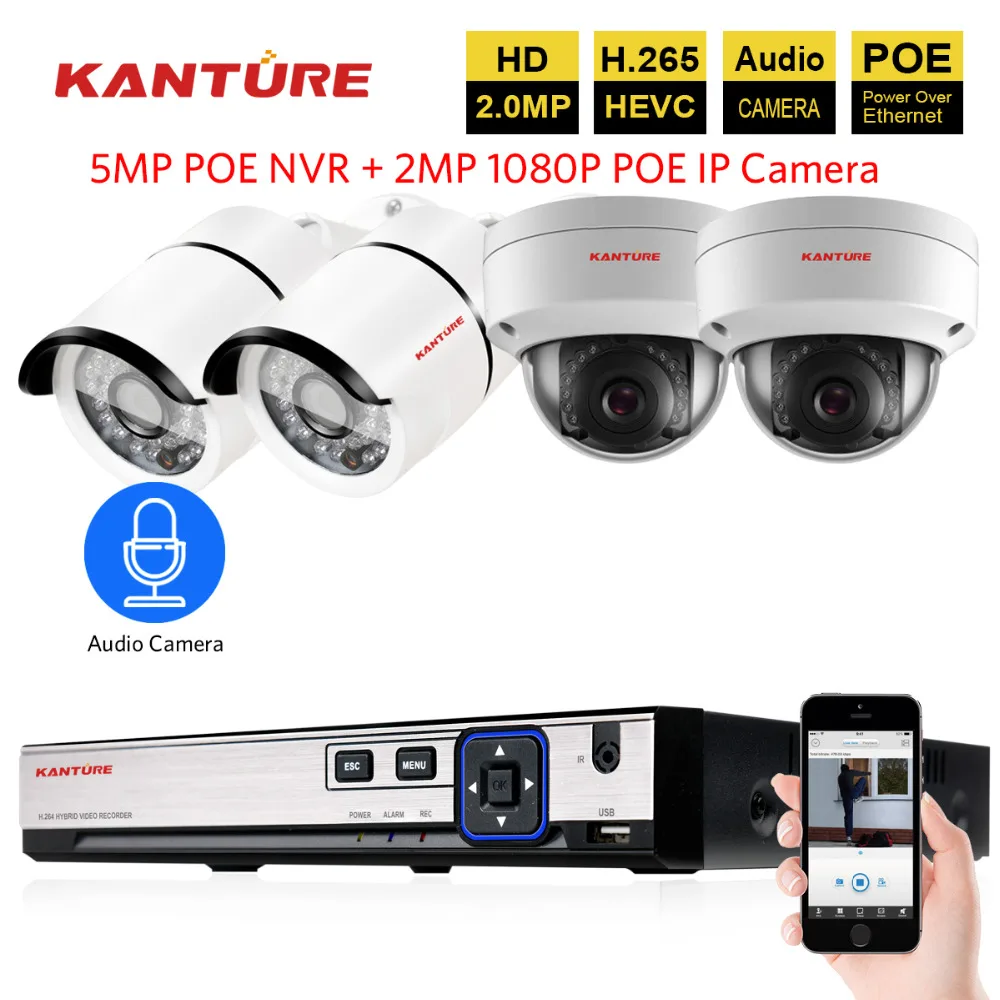 

H.265 4CH 5MP 4MP POE NVR System 4pcs 2MP Audio Record Sound 1920*1080P IP66 Metal In/outdoor security waterproof POE IP camera