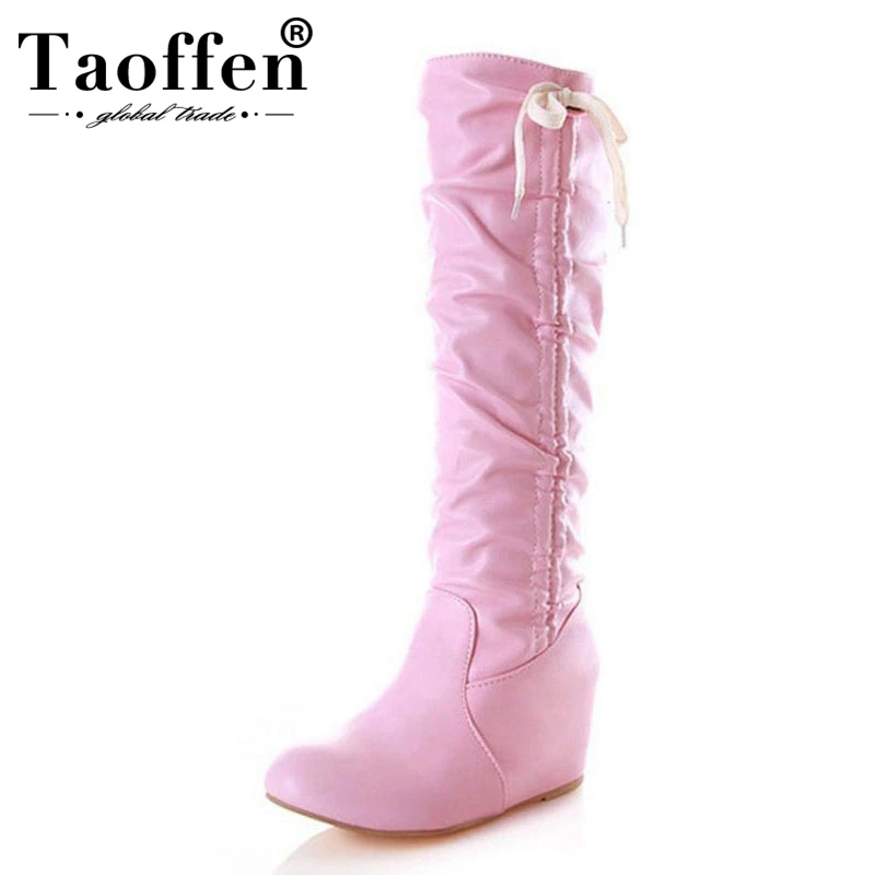 

Taoffen Women Warm Knee High Boots Fashion Bowknot Shoes Women Winter Fur Inside Heels Boots Round Toe Footwear Size 34-43