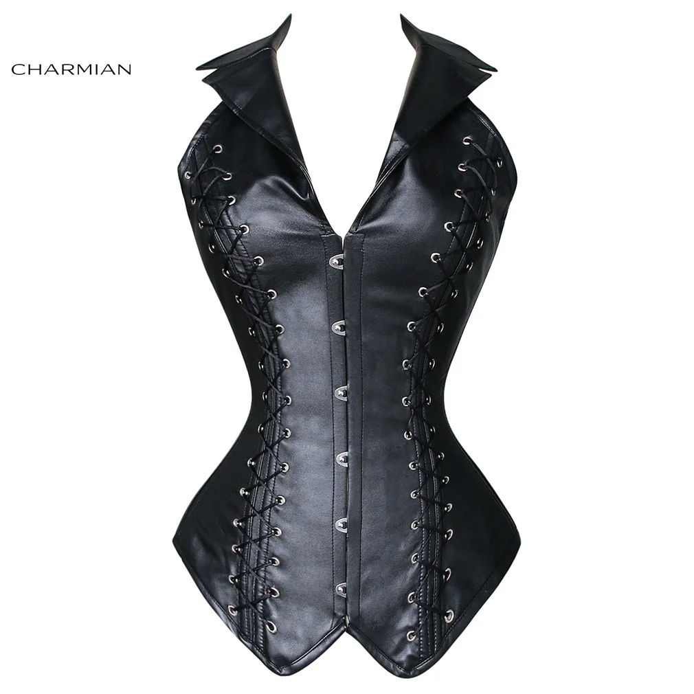 

Charmian Women's Halter Plus Size Steampunk Corset Gothic Faux Leather Steel Boned Overbust Corset Bustier Corselet Corpete