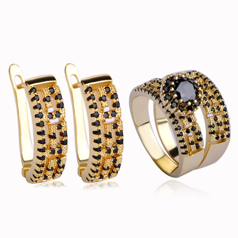 

Dazz Luxury Zircon Copper Jewelry Sets Square Stud Earrings&Wide Ring For Women Orecchini Aros Gold Color Wedding Black Joyas