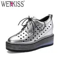 WETKISS 2019 New Fashion Casual Flats Women Square Toe Cutout Genuine Leather Footwear Spring Platform Ladies Elevator Shoes