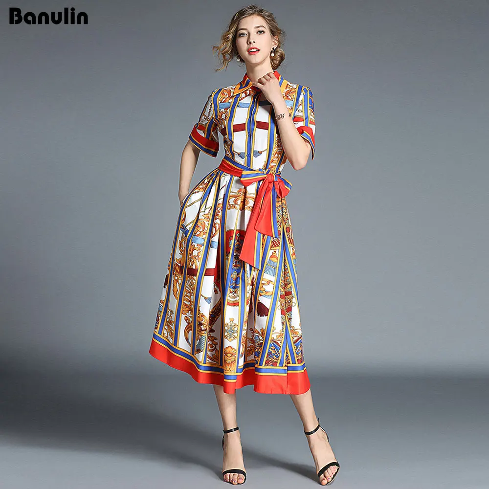 Banulin/высокое качество, лето, новейшее дизайнерское платье для подиума, женская рубашка с коротким рукавом, воротник, цветочный принт, платье миди с бантом