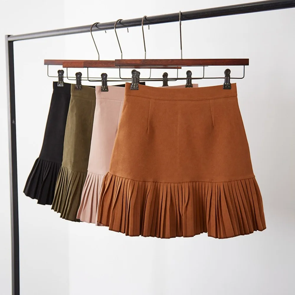 VEVEFHUANG, осенне-зимняя женская мини плиссированная юбка, замшевая однотонная разноцветная юбка с высокой талией для школьниц