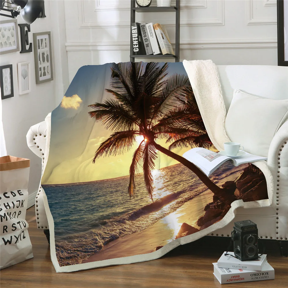 

Sofa cushion Yoga mat Blanket air conditioner is thickened double-layer plush 3D digital printed blanket beach series
