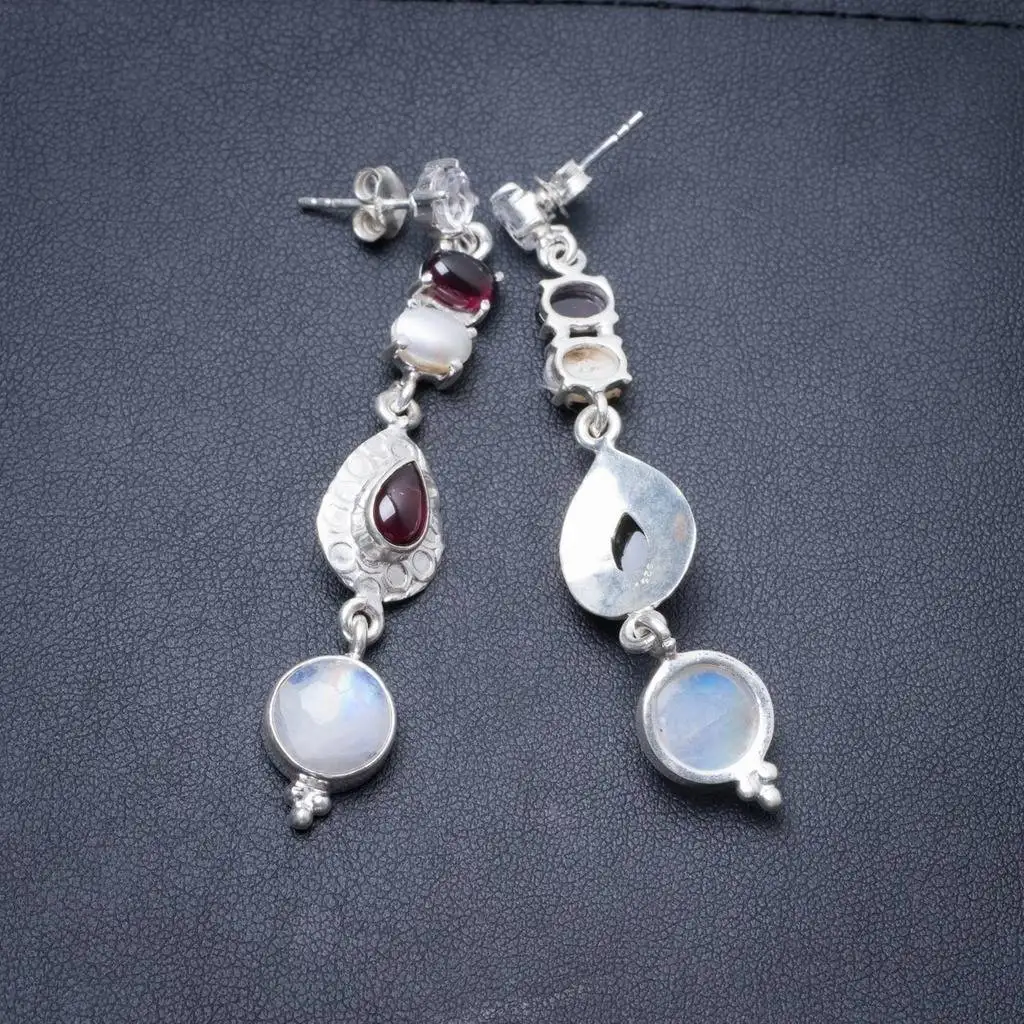 

Natural Moonstone,Amethyst and River Pearl Handmade Unique 925 Sterling Silver Earrings 2.5" Y3871