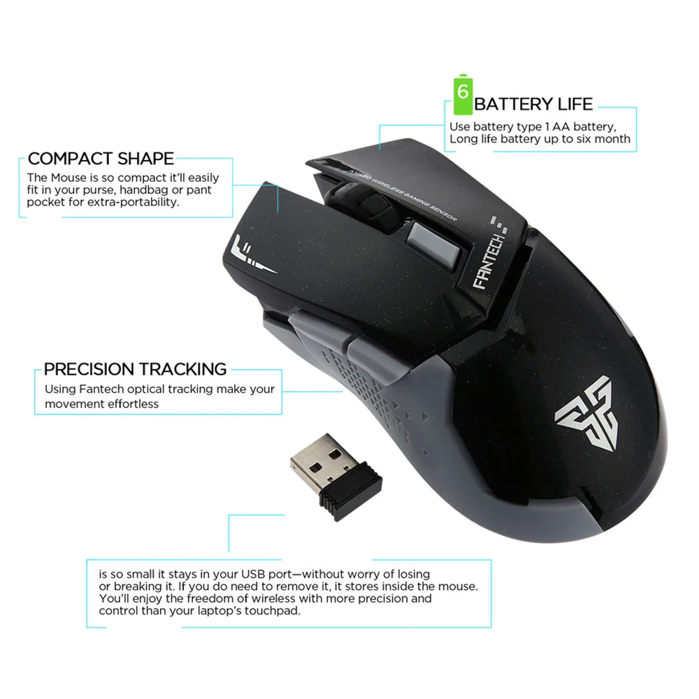 FANTECH WG8 эргономичный дизайн 6 кнопок 2 4 ГГц Беспроводная игровая мышь 2000 dpi для