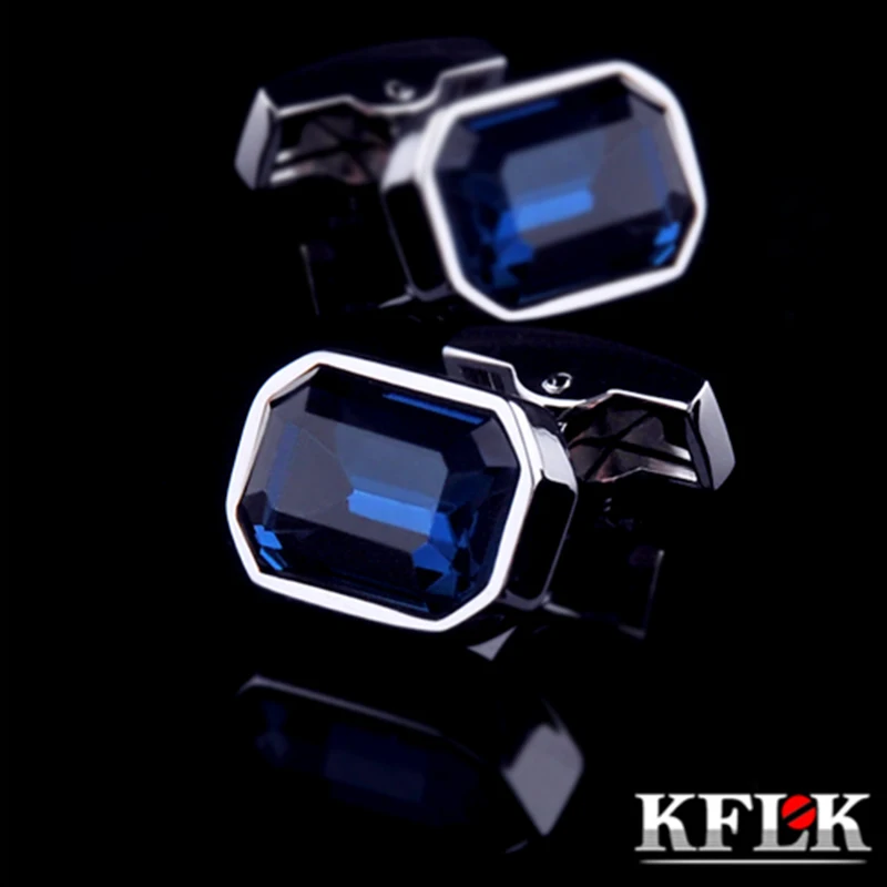 KFLK Jewelry shirt Fashion cufflink for mens Brand Blue Crystal Cuff link Luxury Wedding Groom Button High Quality guests