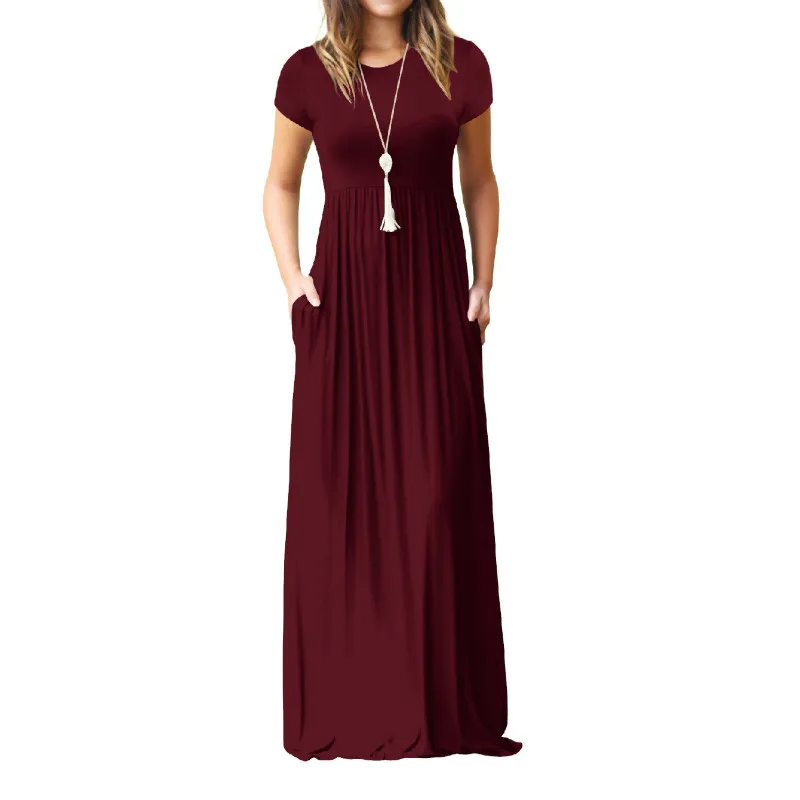 

Summer Long Maxi Dress New Short Sleeve Solid Casual Women Dresses XXL Plus Size 2XL Pockets Robe Summer Dresses Robe GV598