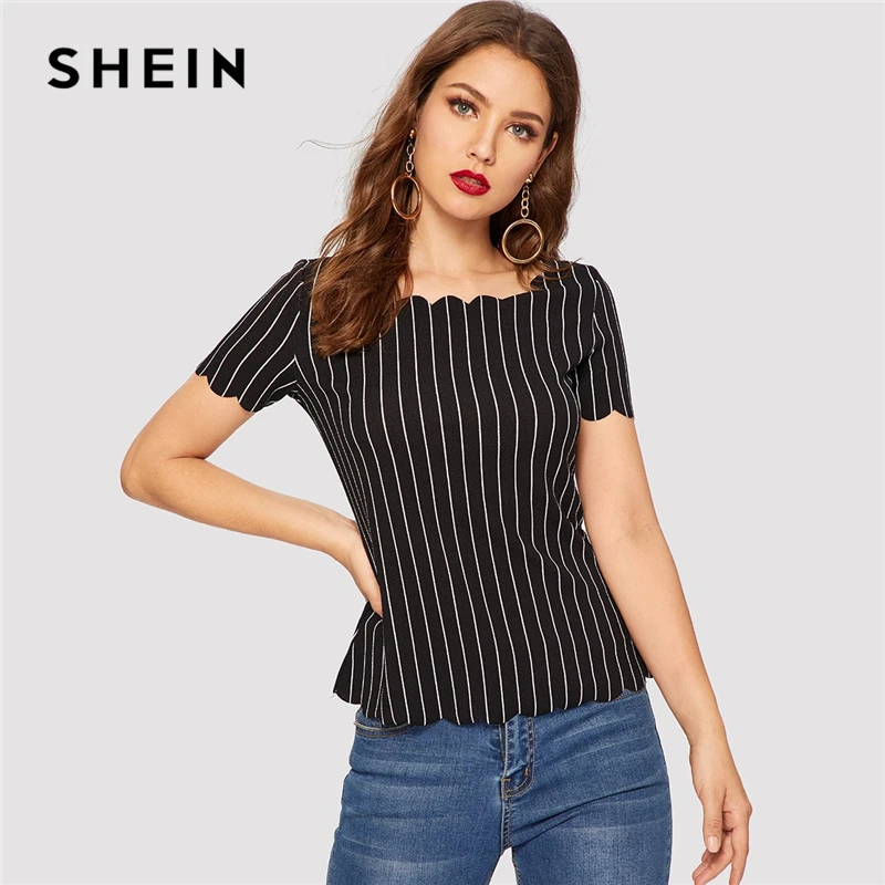 SHEIN Топ В Полоску С Фестончатым Краем Офисные Повседневные Топы И Блузки С Оригинальной Отделкой