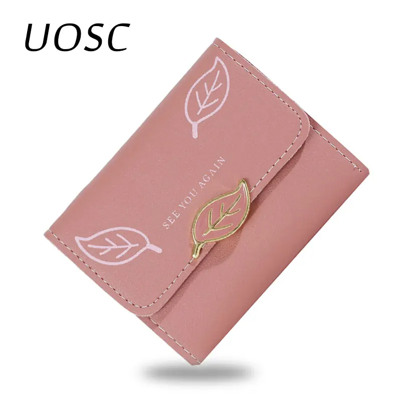 

UOSC New Women's Solid Purse Ladies Short Wallets PU Leather Luxury Brand Leaves Coin Purses For Card Holders Portefeuille Femme