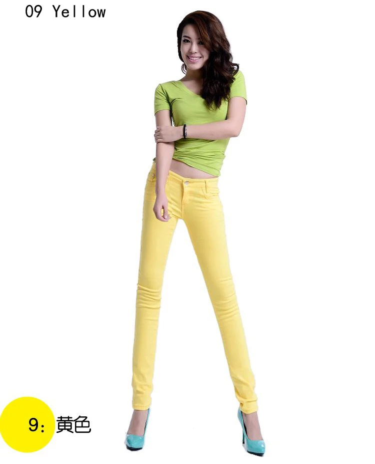 Летние модные женские джинсы карандаш ярких цветов средней талии полной длины на молнии зауженный узкие брюки для женщин - Цвет: 09 Yellow