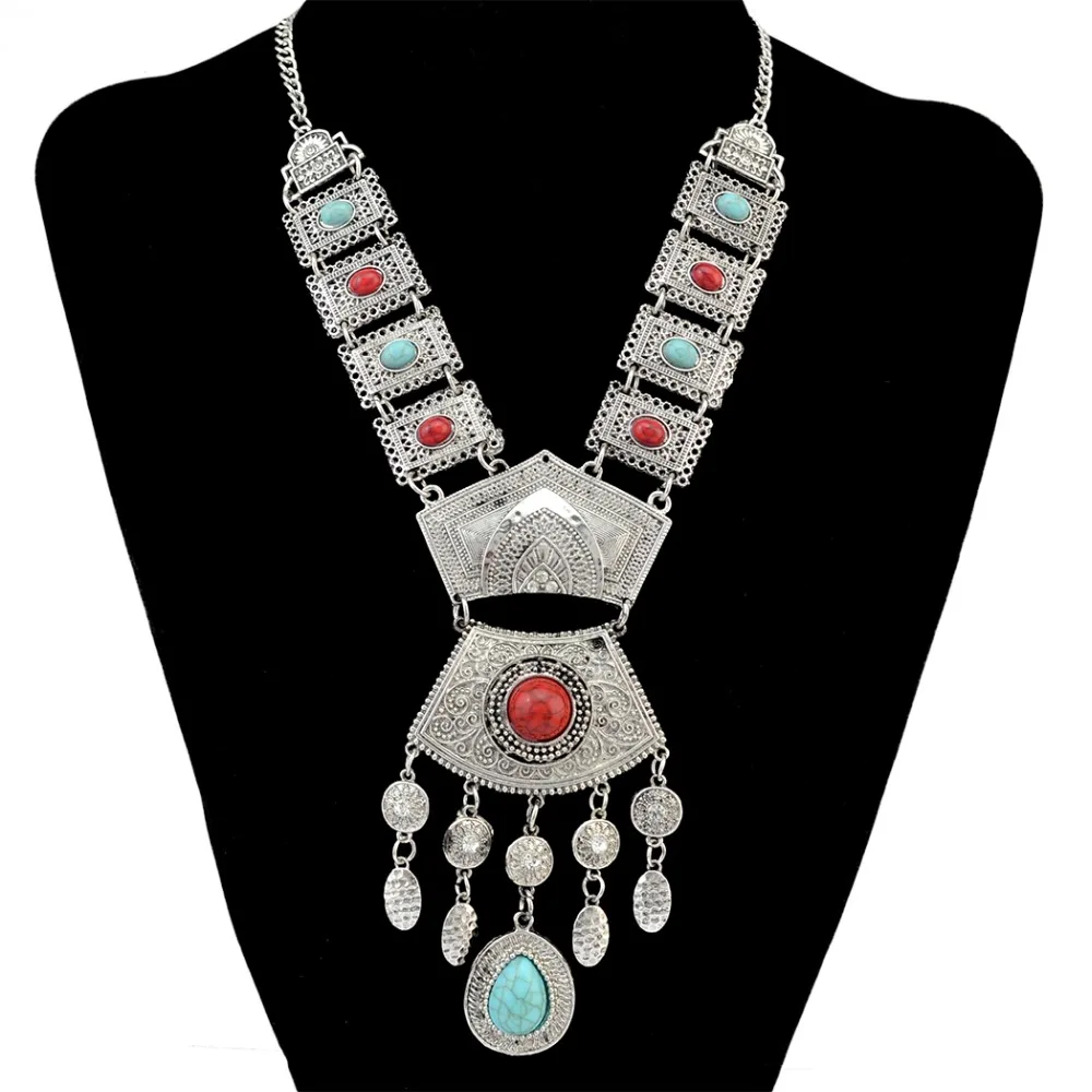 

Vintage Silver Gold Necklace Inlay Crystal Beads Geometric Shape Carved Tassel Pendant Necklaces Earrings for Boho Gypsy Turkish