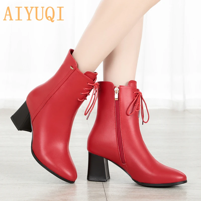 AIYUQI; женские ботильоны с острым носком; коллекция года; кожаные ботинки; женские пикантные красные вечерние ботинки из натуральной кожи на высоком каблуке; модельные ботинки