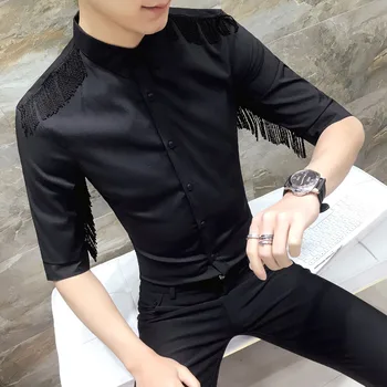 

Personality Tassel Shirt Men Fashion Korean 2019 Slim Fit Half Sleeve Tuxedo Shirt Summer Casual Night Club Singer Costume 3XL-M