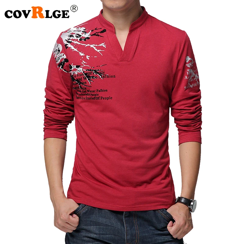 

Covrlge 2018 Spring Men T-shirt 100% Cotton Comfortable Male Long Sleeve Tee Shirt Fashion V-neck Print T-shirts Fitness MTL089