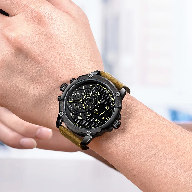 MEGIR спортивные кварцевые часы с хронографом, мужские наручные часы с двумя часовыми поясами, креативные армейские военные наручные часы с кожаным ремешком