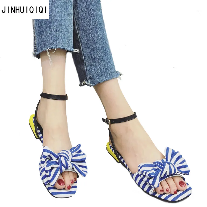 

Chaussures Femme Ete 2019 Blue Sandals Sweet Striped Big Bow Women Flat Shoes Casual Women's Sandals Shoes Ladies Strap Sandals