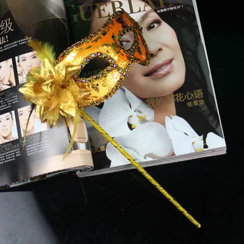 

50PCS masquerade feather flower mask on stick Mardi Gras Costume printing Halloween Carnival Hand Held Stick party mask gift