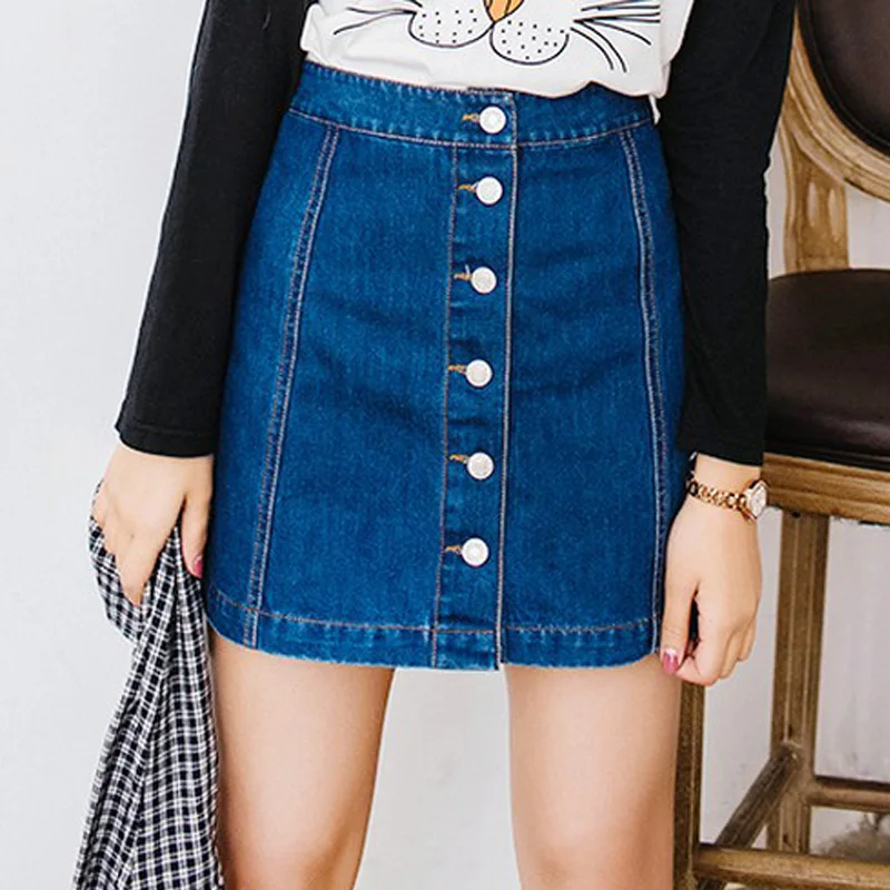

summer Sexy Womens Vintage A-line Pencil Jeans Skirt Front Button High Waist Denim Skirt Female ladies falda jupe