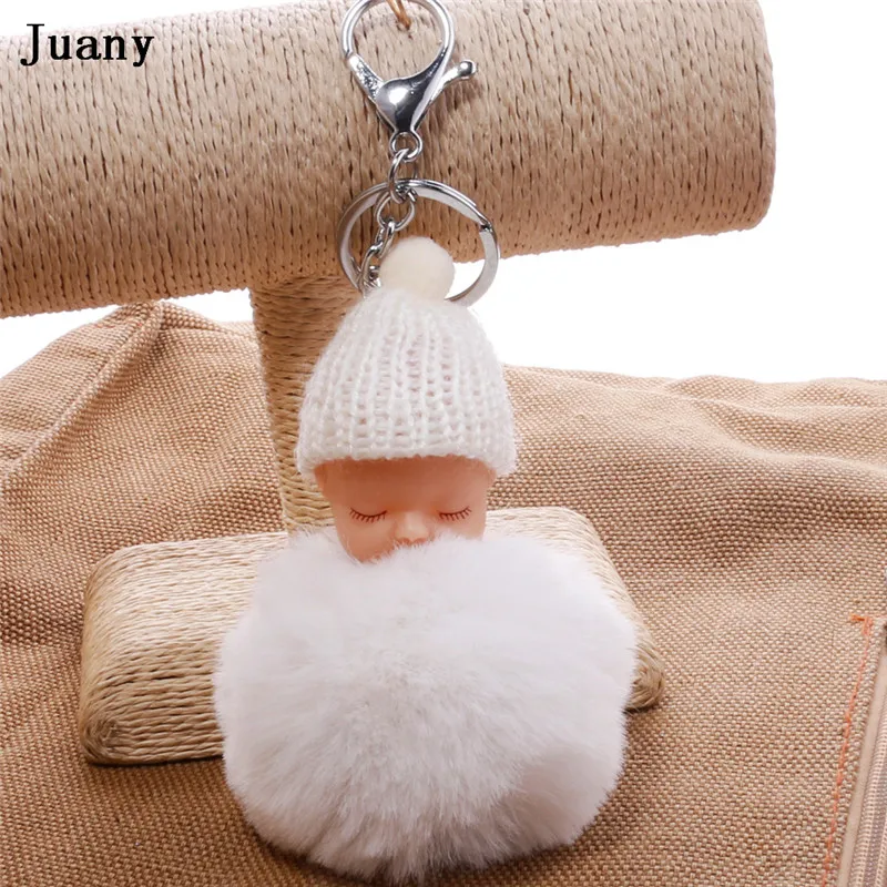 pompom key chain sleeping baby doll key chain pompom rabbit fur ball keychain car keyring women bag car pendant charm 2