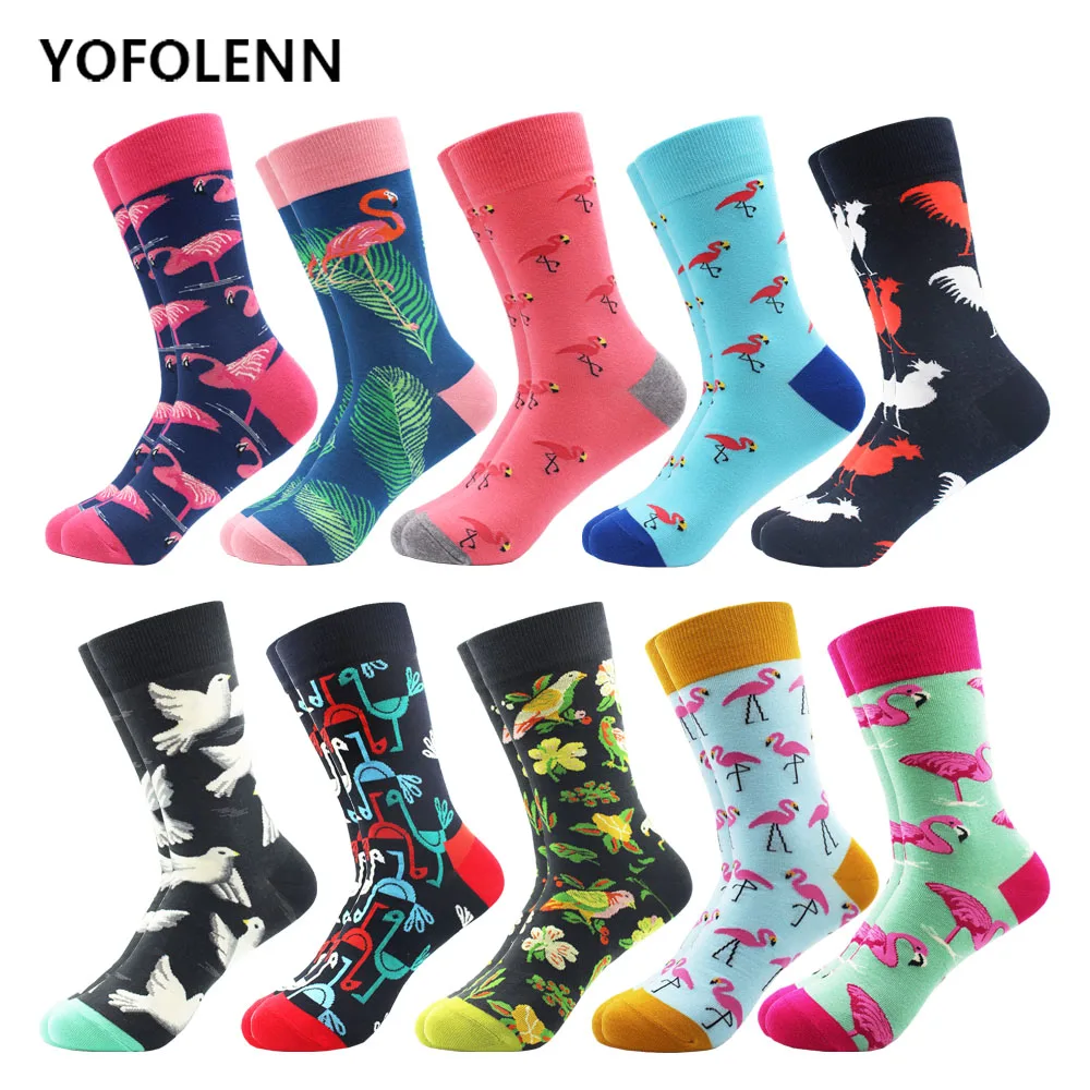

10 pairs/lot New Arrival Men's Combed Cotton Casual Dress Wedding Socks Funny Flamingo Birds Chicken Pattern Crew Happy Socks