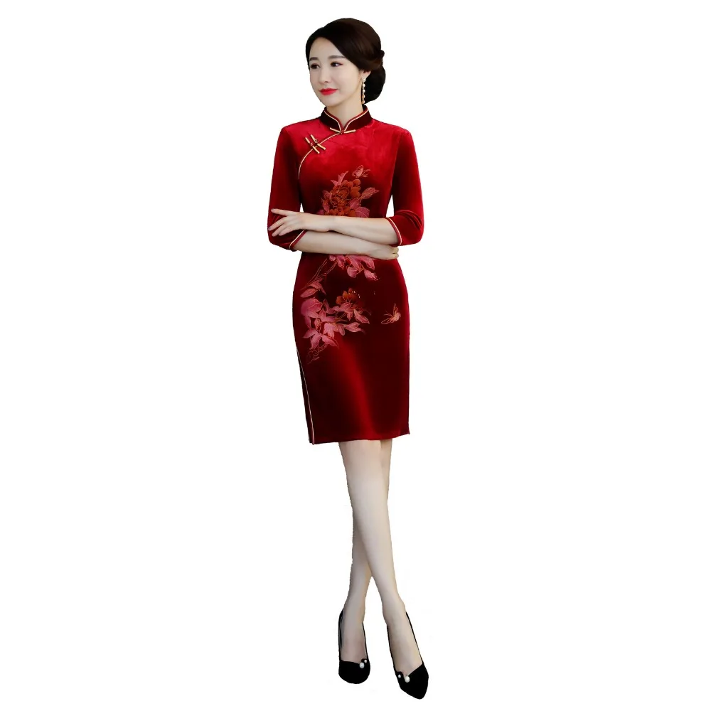 Шанхай история с рукавами 3/4 по колено Cheongsam бархат Qipao народная Стиль платье