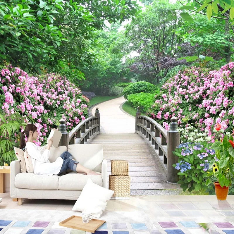 Пасторальный стиль садовый деревянный мост свежие натуральные обои для гостиной Кафе Декор интерьера обои Papel де Parede цветочный