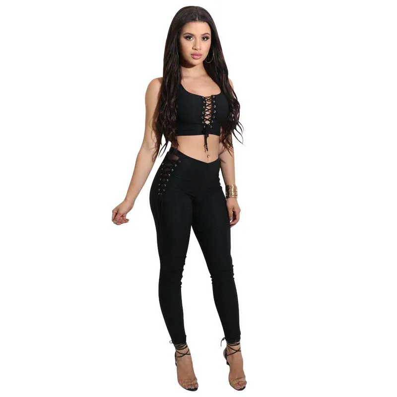 

Sexy Fashion Two Piece Set Women Top And Pants 2017 Summer Elasticity Women Slim Crop Tops+Slim Long Laced Pants Women's Suit