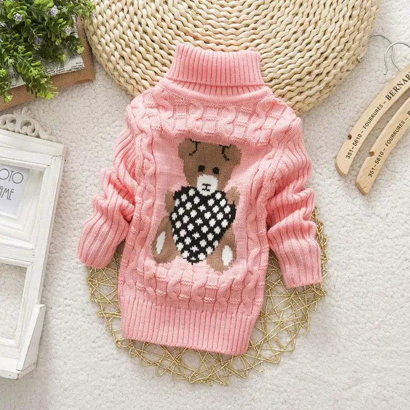 BOTEZAI New Baby Girls Autumn Winter Sweaters Cartoon jumper Knitted Pullover Turtleneck Warm Outerwear Kids knit Sweater