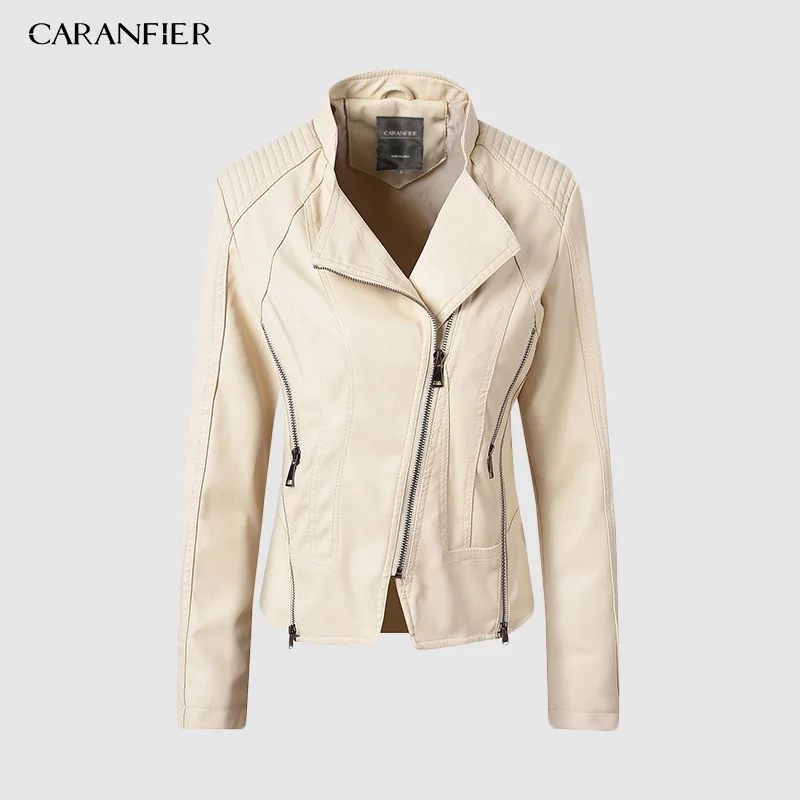 CARANFIER новые модные женские гладкие Мотоциклетные Куртки из искусственной кожи женские с длинным рукавом Осень Зима Байкер уличная Черная куртка - Цвет: Бежевый