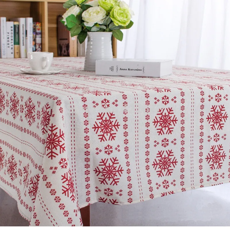 

Christmas Tablecloth snowflake printed cotton linen Table Cloth Dust Covers home hotel party Decoration Supplies product red