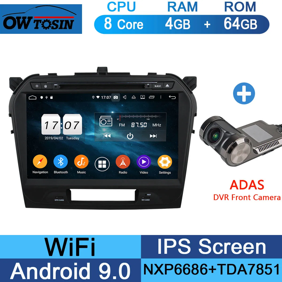 10," ips 8 Core 4 Гб ram+ 64 ГБ rom Android 9,0 автомобильный dvd-радио GPS для Suzuki Vitara CarPlay Parrot BT стерео Adas - Цвет: 64G Adas Camera
