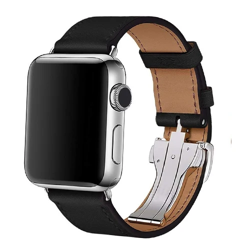 black Кожаный ремешок для часов Apple, ремешок с пряжкой iwatch 3 2 1, ремешок 42 мм 38 мм, браслет для часов Apple watch 4 44 мм 40 мм - Цвет ремешка: black