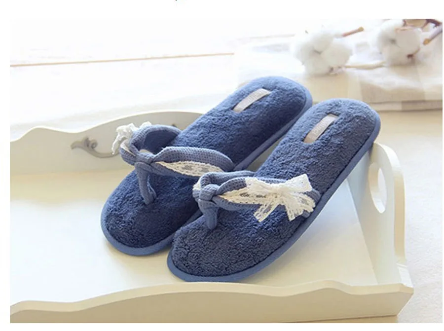 

Deep blue with lace butterfly knot High grade short nap indoor non slip slippers
