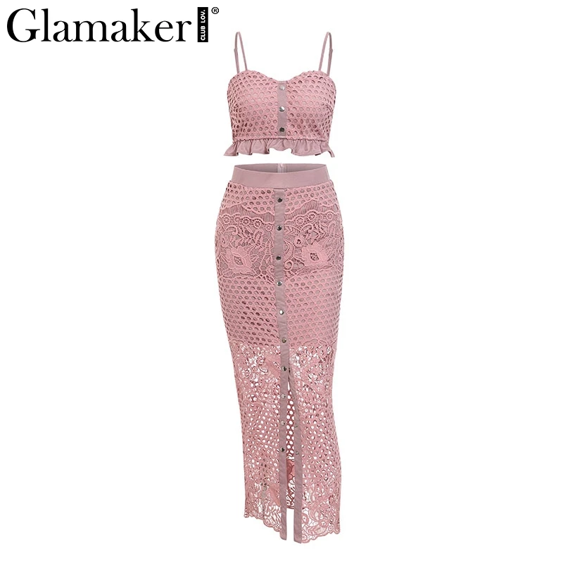 Розовый Glamaker сексуальное открытое белое кружевное платье для женщин с рюшами и пуговицами, 2 предмета, осеннее платье макси, Элегантное Длинное Вечернее Платье с разрезом, облегающее - Цвет: Розовый