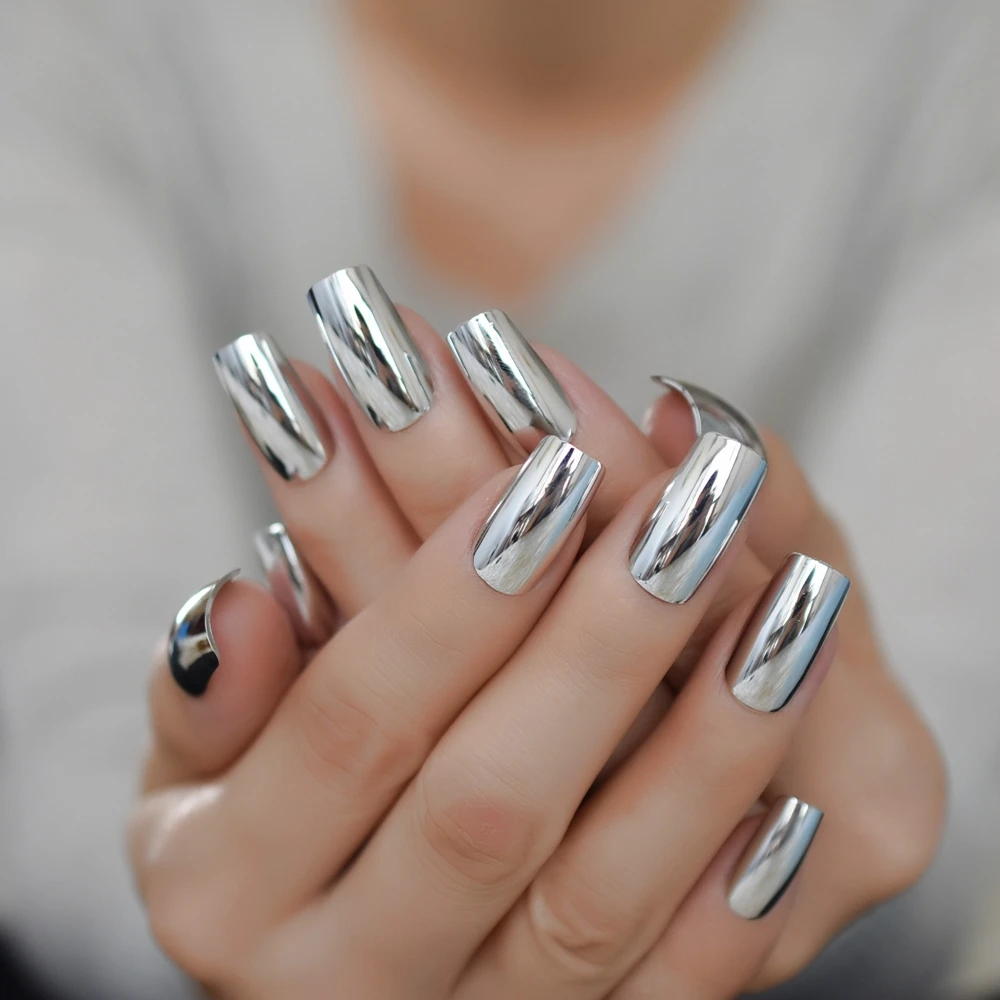Champagne Gold Mirror False Nail Round Metallic Simple Medium Fake Nails Decoration Press On Manicure 24CT - Color: L5093