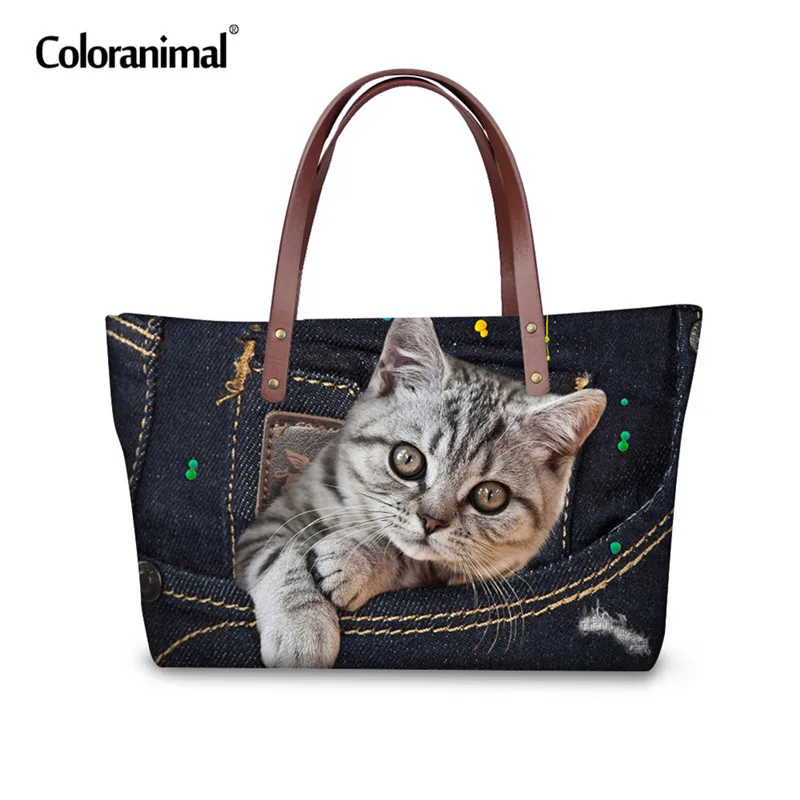 Coloranimal, роскошная женская сумка, 3D, черная, Джинсовая, с принтом, женские большие сумки, милые животные, кошка, собака, мопс, тоут, сумки на плечо для дам - Цвет: CC3323AL