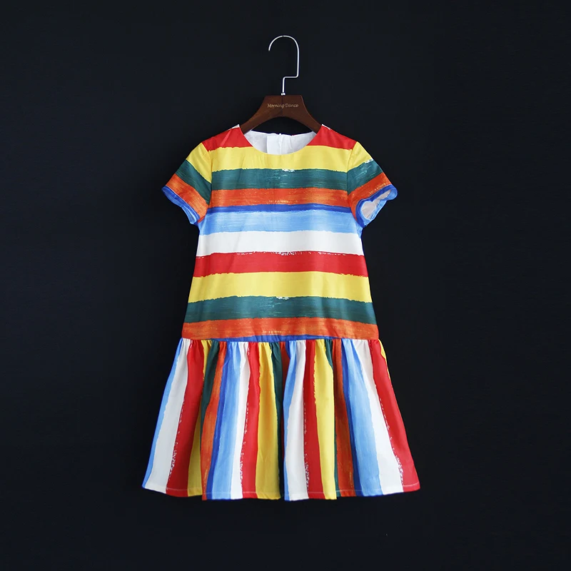 Summer family matching outfit mom & kids girl dress rainbow striped print mum and me clothing short sleeve Aline mermaid dresses Summer family matching outfit mom & kids girl dress rainbow striped print mum and me clothing short sleeve Aline mermaid dresses