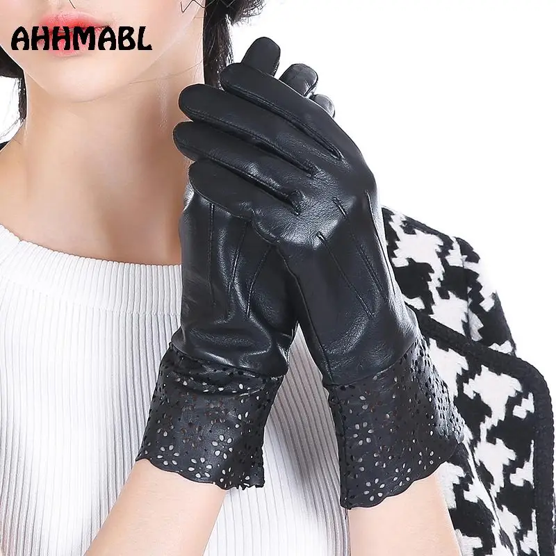 High Quality Elegant Lace Women Leather Gloves Genuine Lambskin Leather Spring Winter Thermal Hot Trendy Female Glove G570
