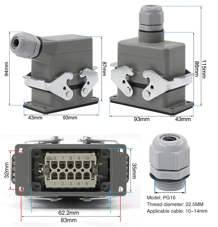 Superior e Lateral Heavy duty Conector Retangular Hdc he 4 e 6 e 10 e 16 e 20 e 24 e 32 e 48 Núcleo Plugue Aviação 16a Industrial à Prova d' Água 10 Conector resistente retangular hdc-he-4 6 10 16