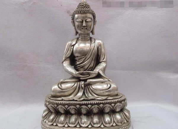 

150701 S2309 Chinese Buddhism Temole White Copper Bronze Silver Sakyamuni Rulai Buddha Statue