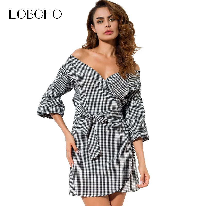 Plaid Wrap Dress Summer 2018 Fashion Casual Cotton Off Shoulder Dress