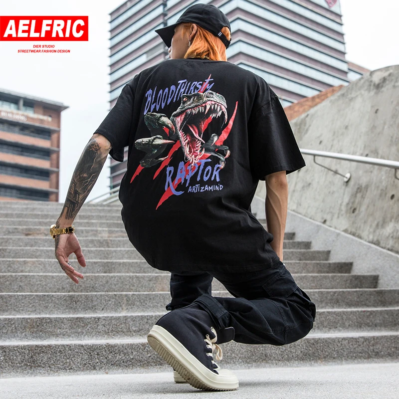 

AELFEIC Dinosaur Printed Harajuku Mens T Shirts Hip Hop Fashion 2019 Summer Short Sleeve T Shirt Casual Cotton Tops Streetwear