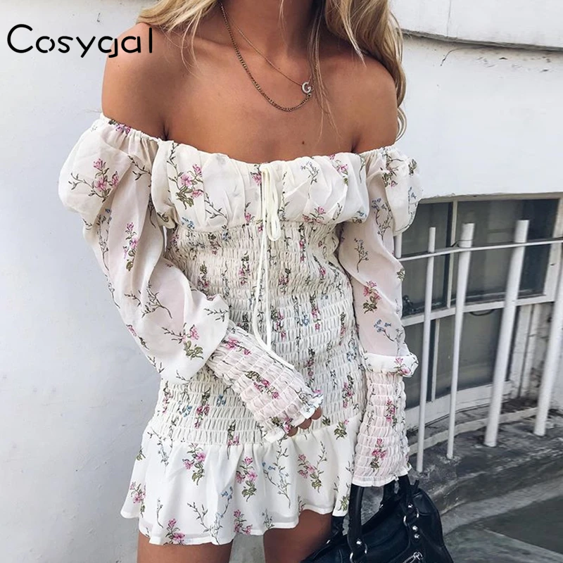 COSYGAL Strapless Lace Up Short Ruffles Ladies Dress Women Printed Chiffon Sexy Dresses Long Sleeve Autumn Dresses Vestidos